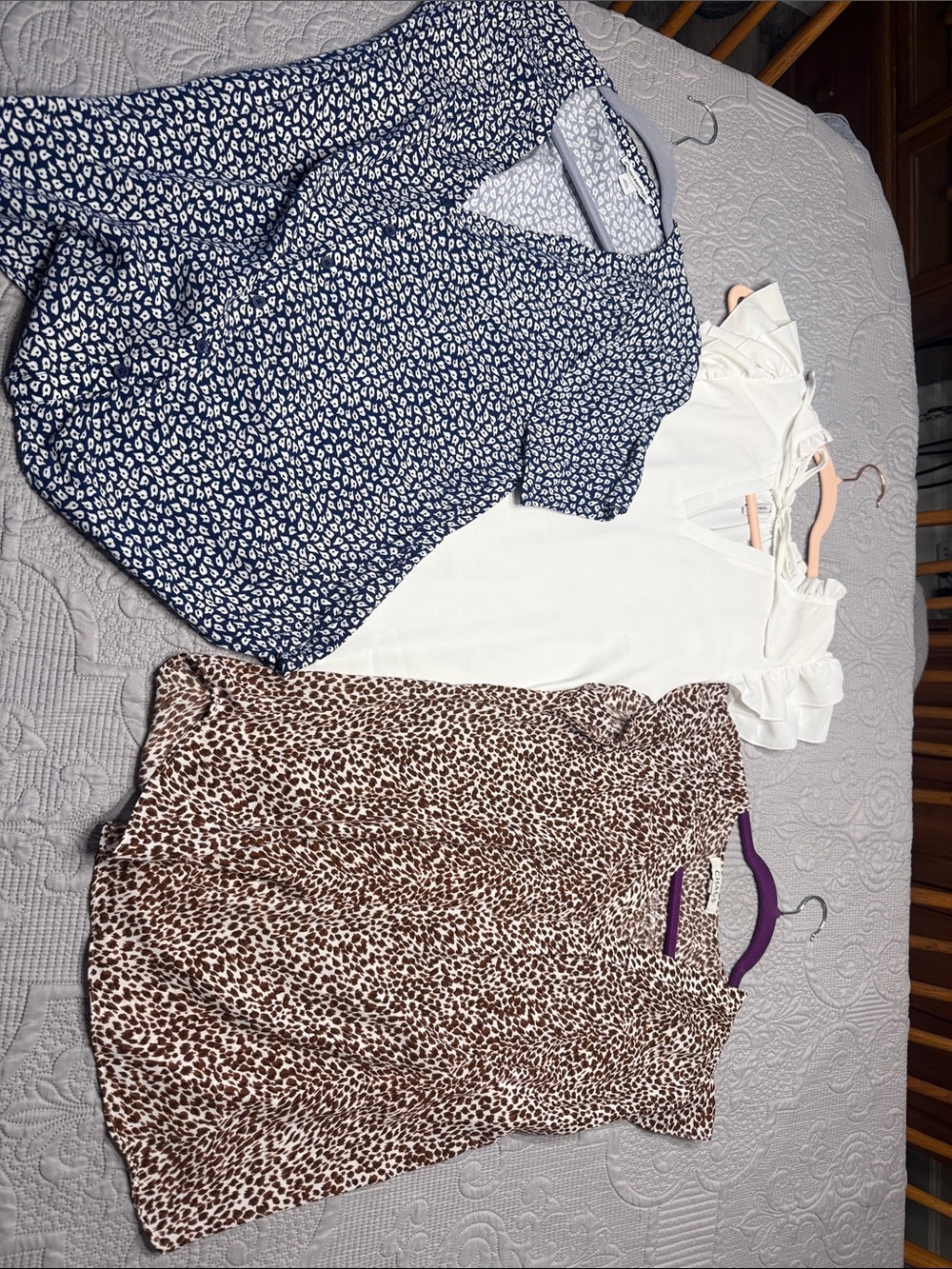 Navy Blue Printed Blouse with White and Brown Leopard Tops Trio